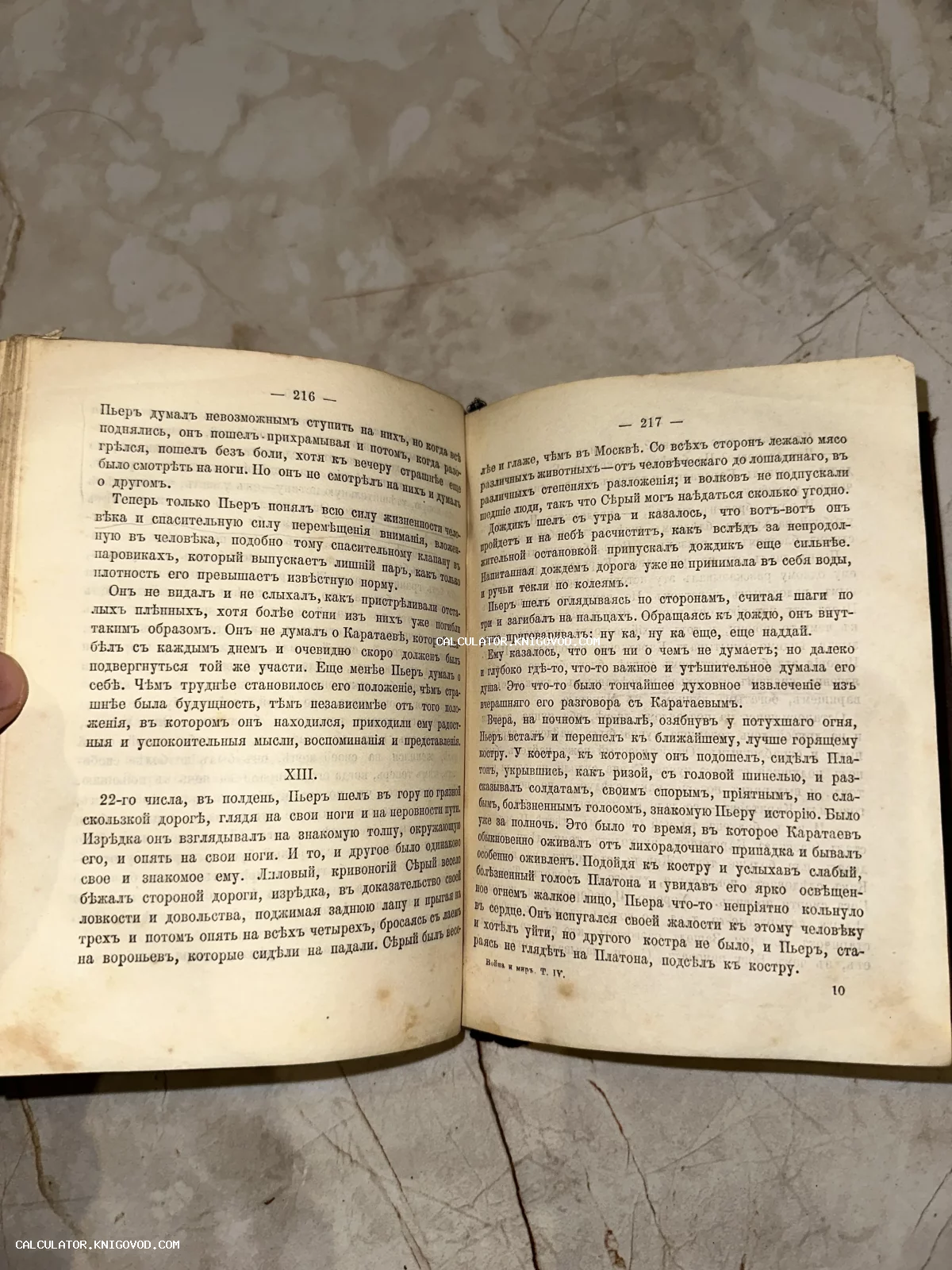 Разворот старинной книги с текстом в дореформенной русской орфографии, страницы 216-217 романа Война и мир.