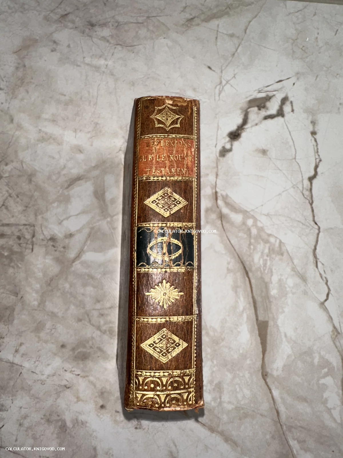 Корешок старинной книги в кожаном переплете с золотым тиснением и французским текстом Reflexions sur le Nouveau Testament.
