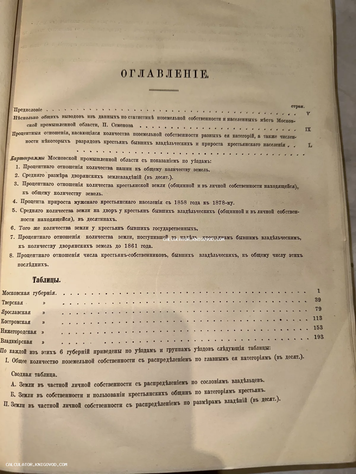 Страница оглавления антикварной книги с перечнем статистических таблиц и картограмм поземельной собственности в губерниях Российской империи.