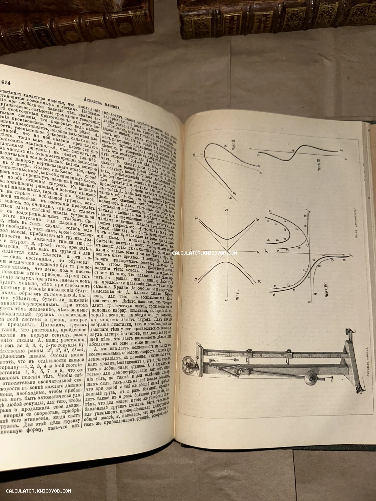 Разворот старинной книги с чертежами и текстом на дореволюционном русском языке, посвященный физическому прибору машине Атвуда.