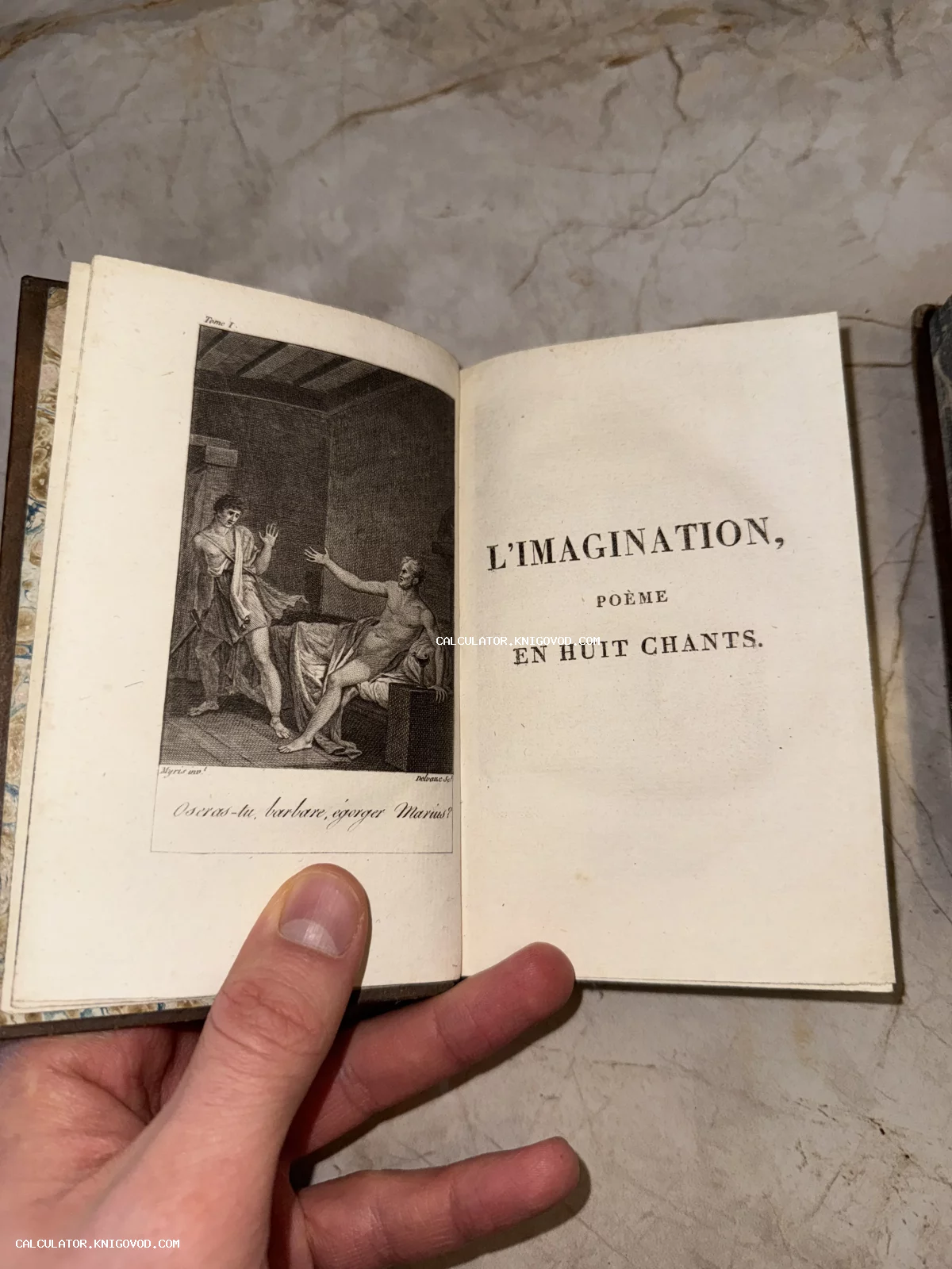 Разворот старинной французской книги с фронтисписом-гравюрой и титульным листом «L'Imagination, poème en huit chants».