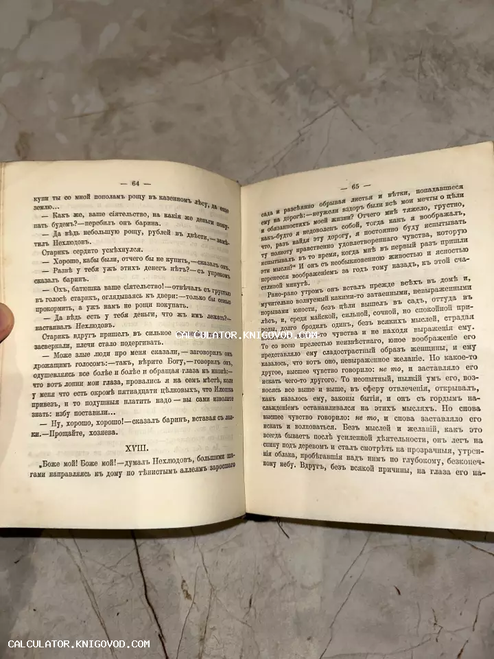 Открытая старинная книга на страницах 64 и 65 с текстом на дореволюционном русском языке.