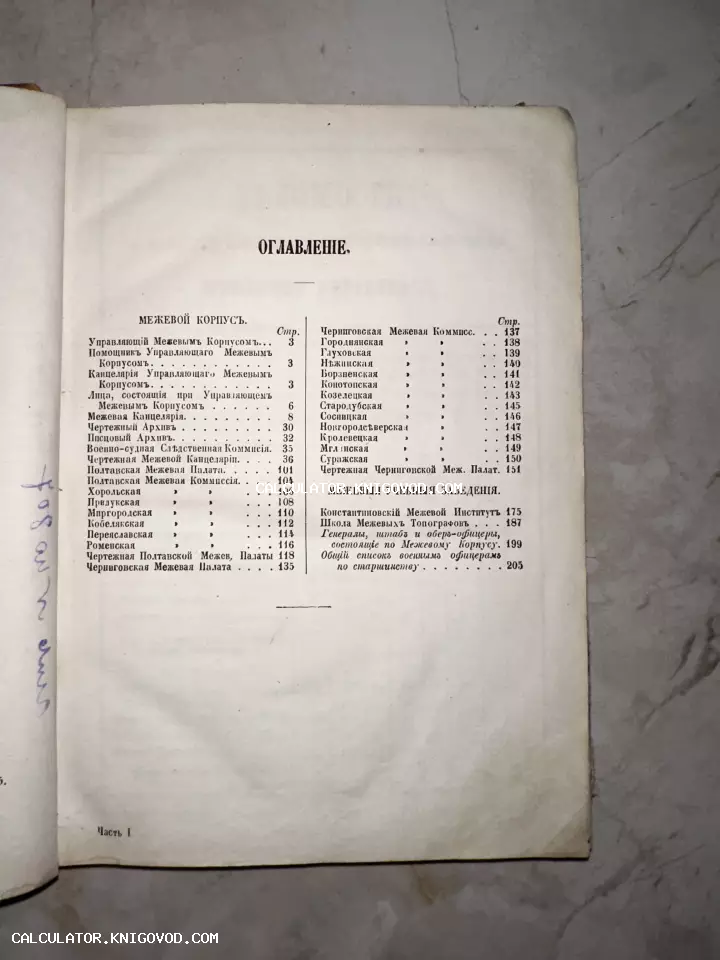 Страница оглавления антикварной книги XIX века со списком межевых комиссий и институтов.