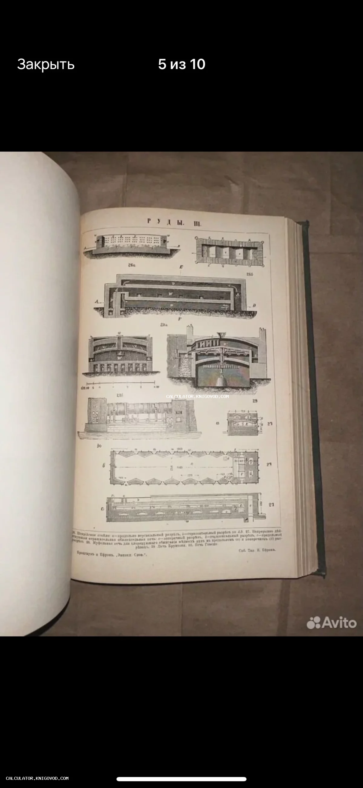 Чертежи и схемы печей для обжига руды на развороте антикварного тома Брокгауза и Ефрона.