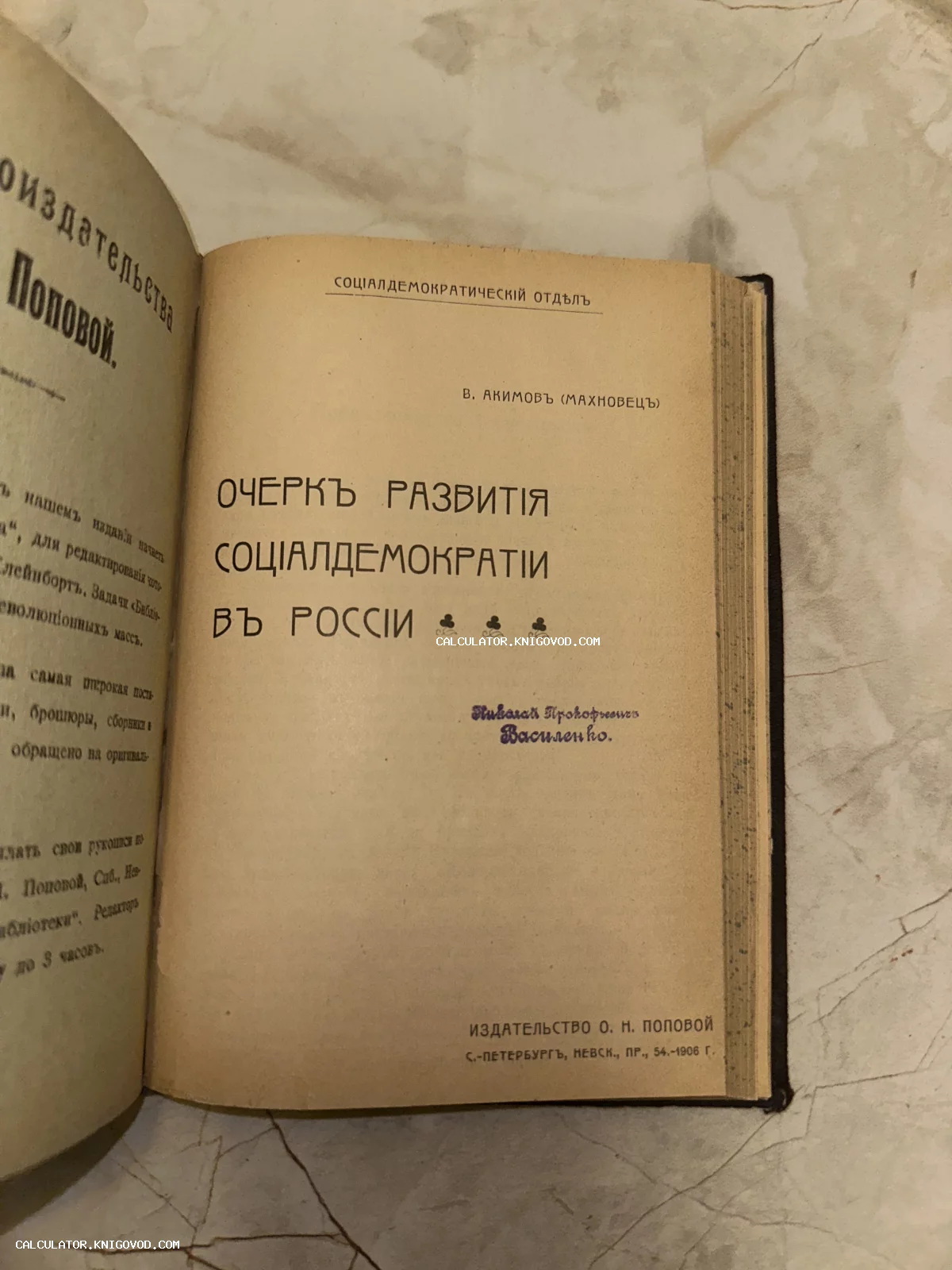 Титульный лист антикварной книги В. Акимова 'Очерк развития социал-демократии в России', изданной в 1906 году в Санкт-Петербурге.