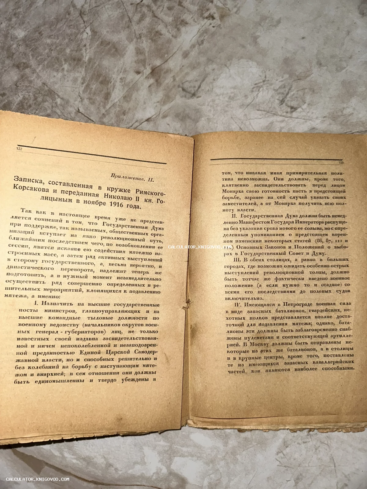 Разворот антикварной книги с текстом исторической записки 1916 года о политической ситуации в России и мерах по сохранению самодержавия.