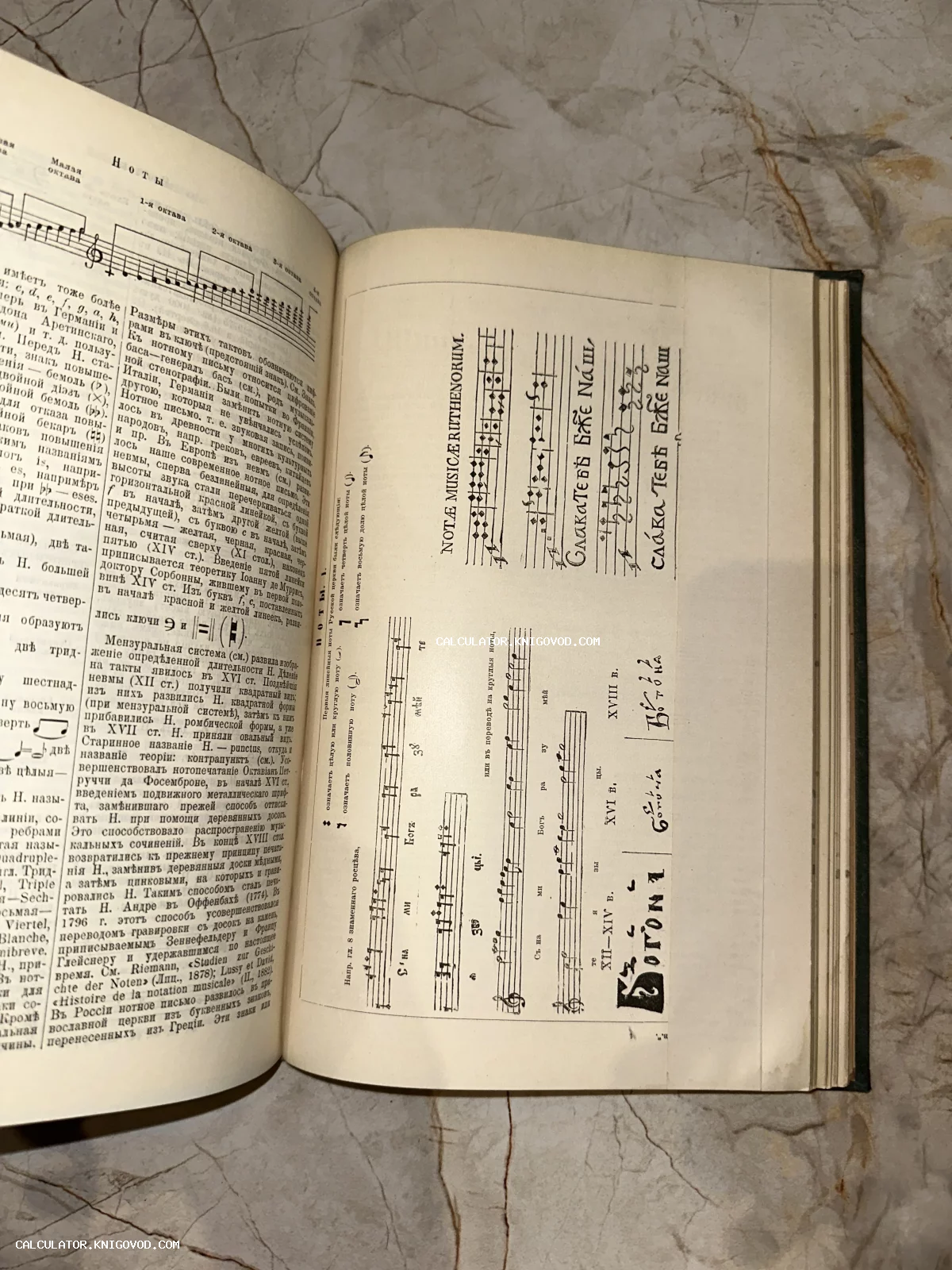 Разворот старой книги с дореволюционным русским текстом и таблицами музыкальных знаков (крюков) знаменного распева.