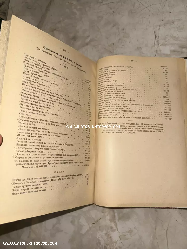 Разворот старинной книги с указателем приложенных рисунков и карт норвежской полярной экспедиции 1893–96 годов на корабле Фрам.