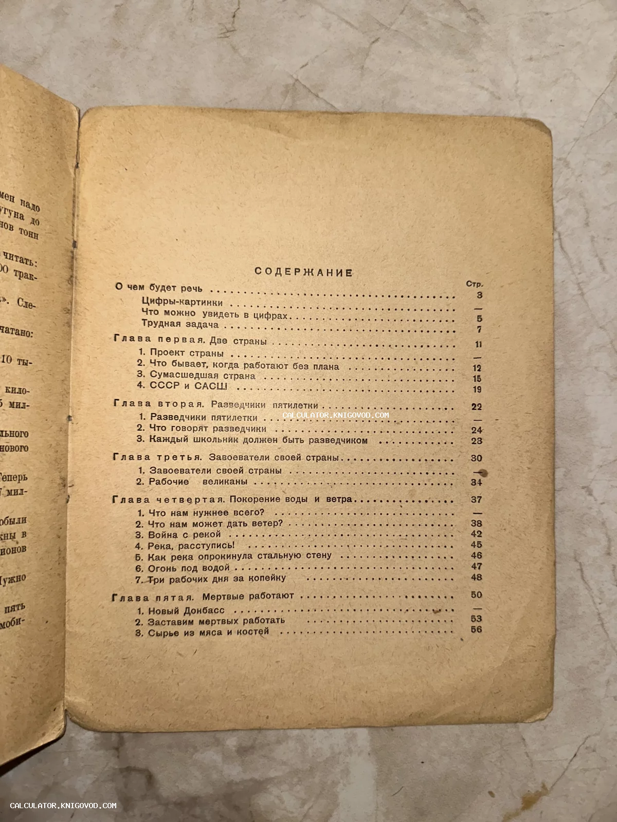 Страница с оглавлением старой советской книги, текст разделен на главы о пятилетке, индустриализации и соревновании с САСШ.