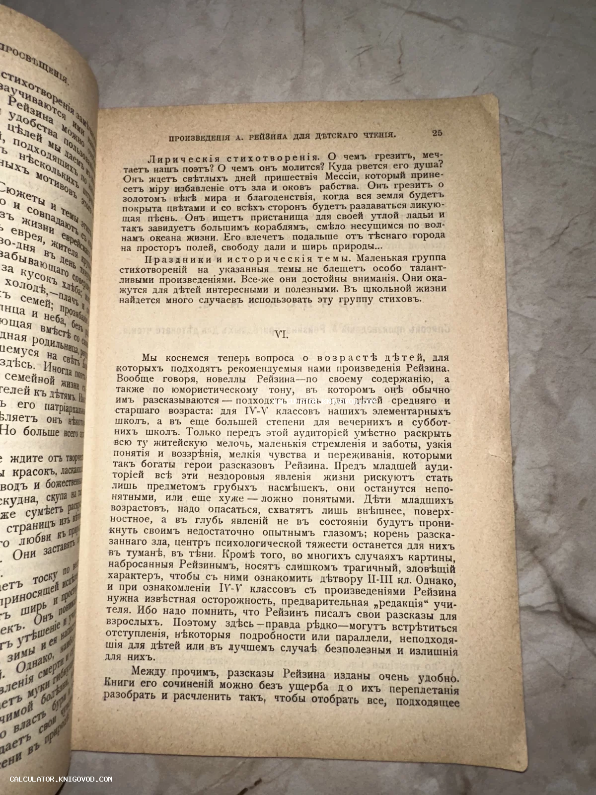 Разворот старинной книги с текстом на русском языке в дореволюционной орфографии, посвященный анализу произведений Авраама Рейзина.