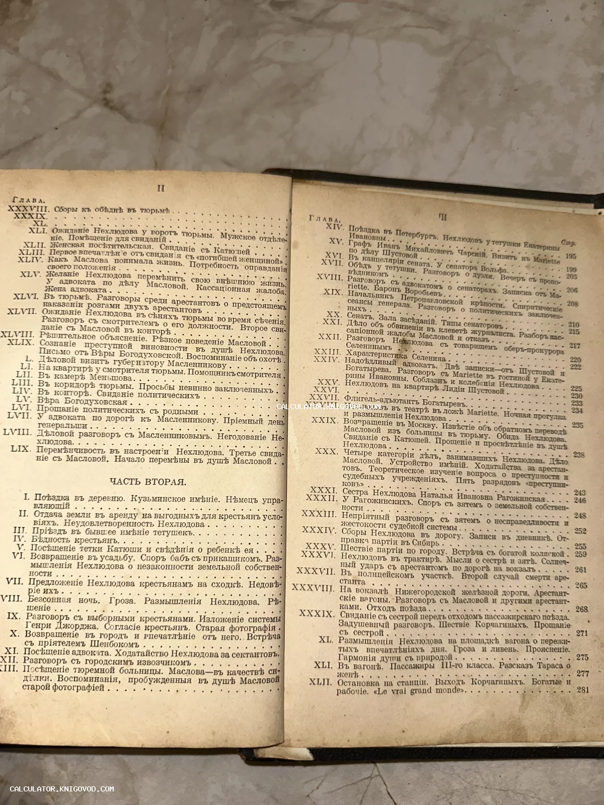 Разворот старой книги с текстом оглавления на дореволюционном русском языке, напечатанном на пожелтевшей бумаге.