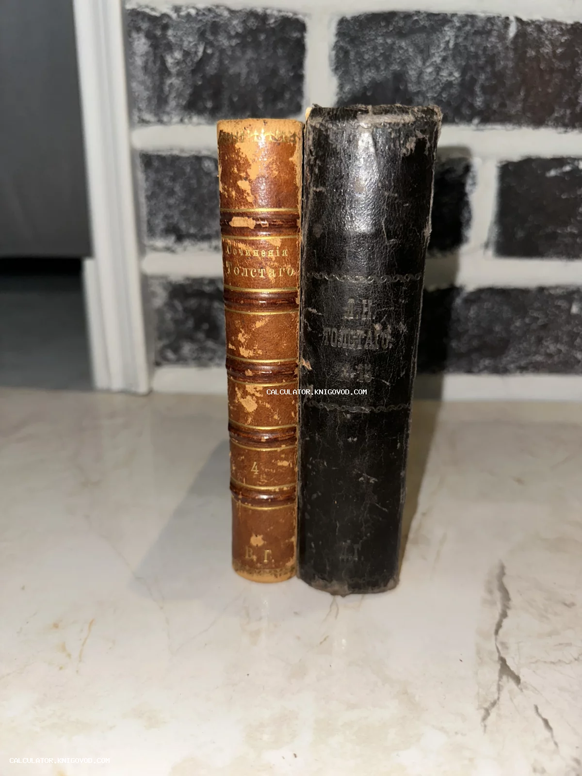 Два антикварных тома произведений Льва Толстого в кожаных переплетах коричневого и черного цвета с золотым тиснением на корешках.