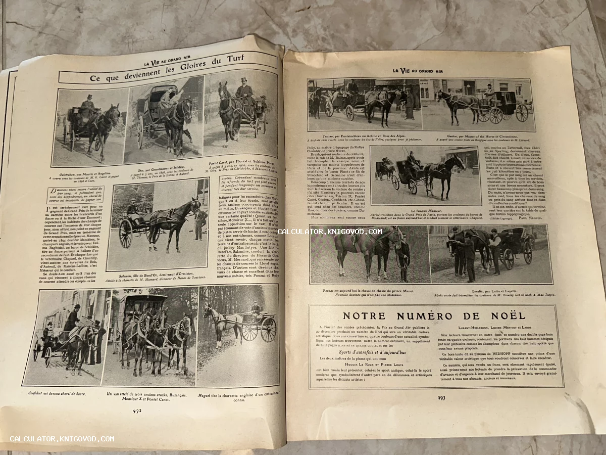 Разворот старинного французского журнала с черно-белыми фотографиями лошадей, конных экипажей и жокеев.