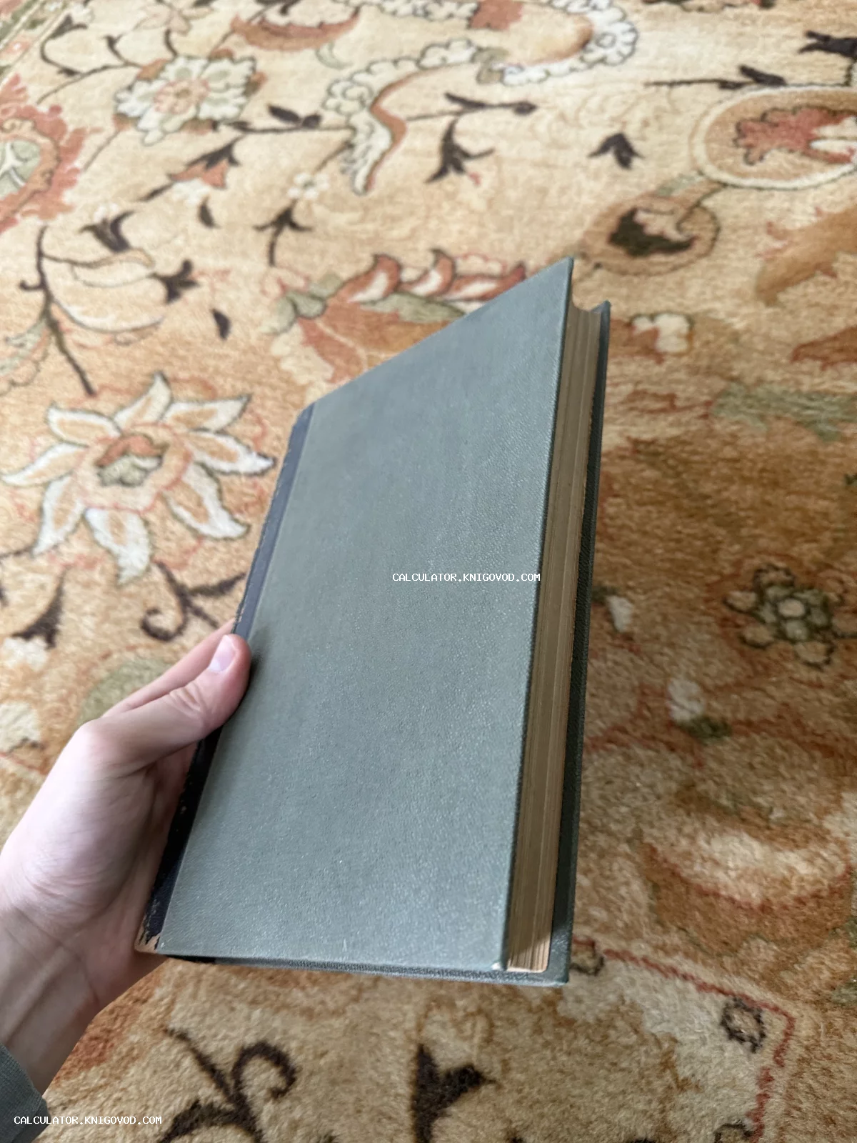 Рука держит закрытую антикварную книгу в серо-зеленом тканевом переплете на фоне ковра с цветочным узором.