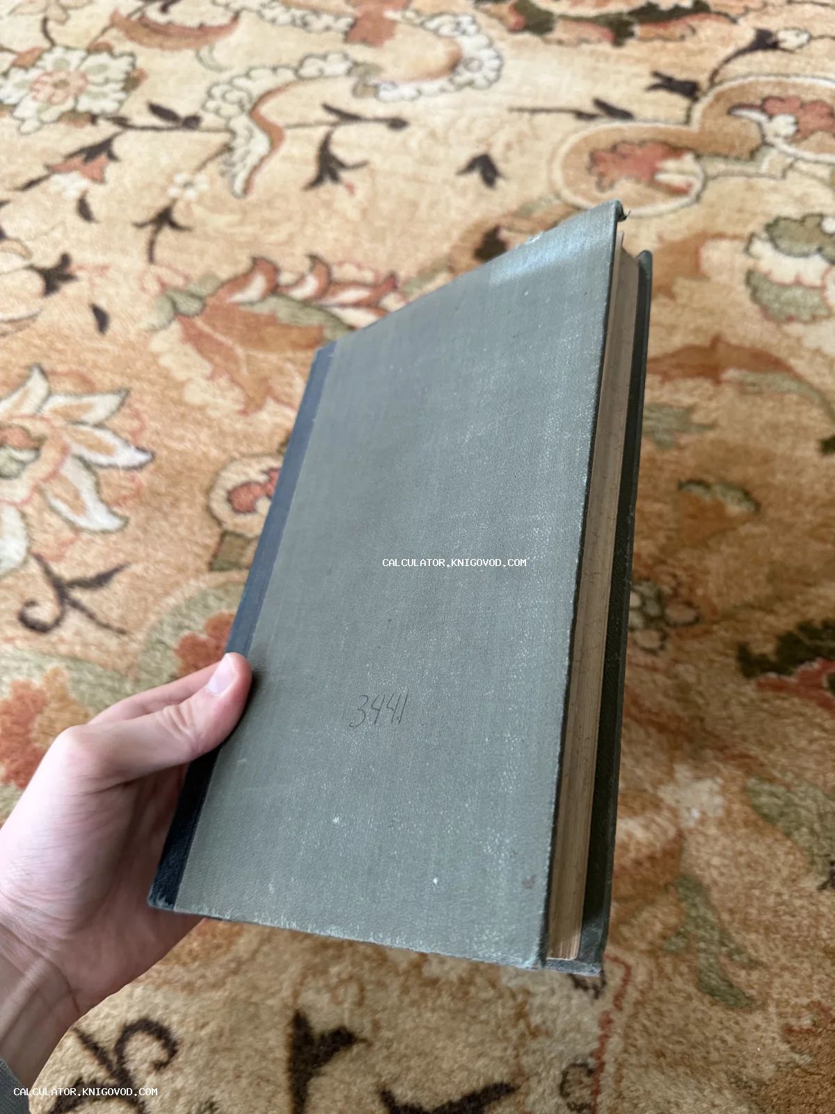 Старинная книга с серо-зеленой обложкой и темным корешком в руке, на передней крышке виден номер 3441.