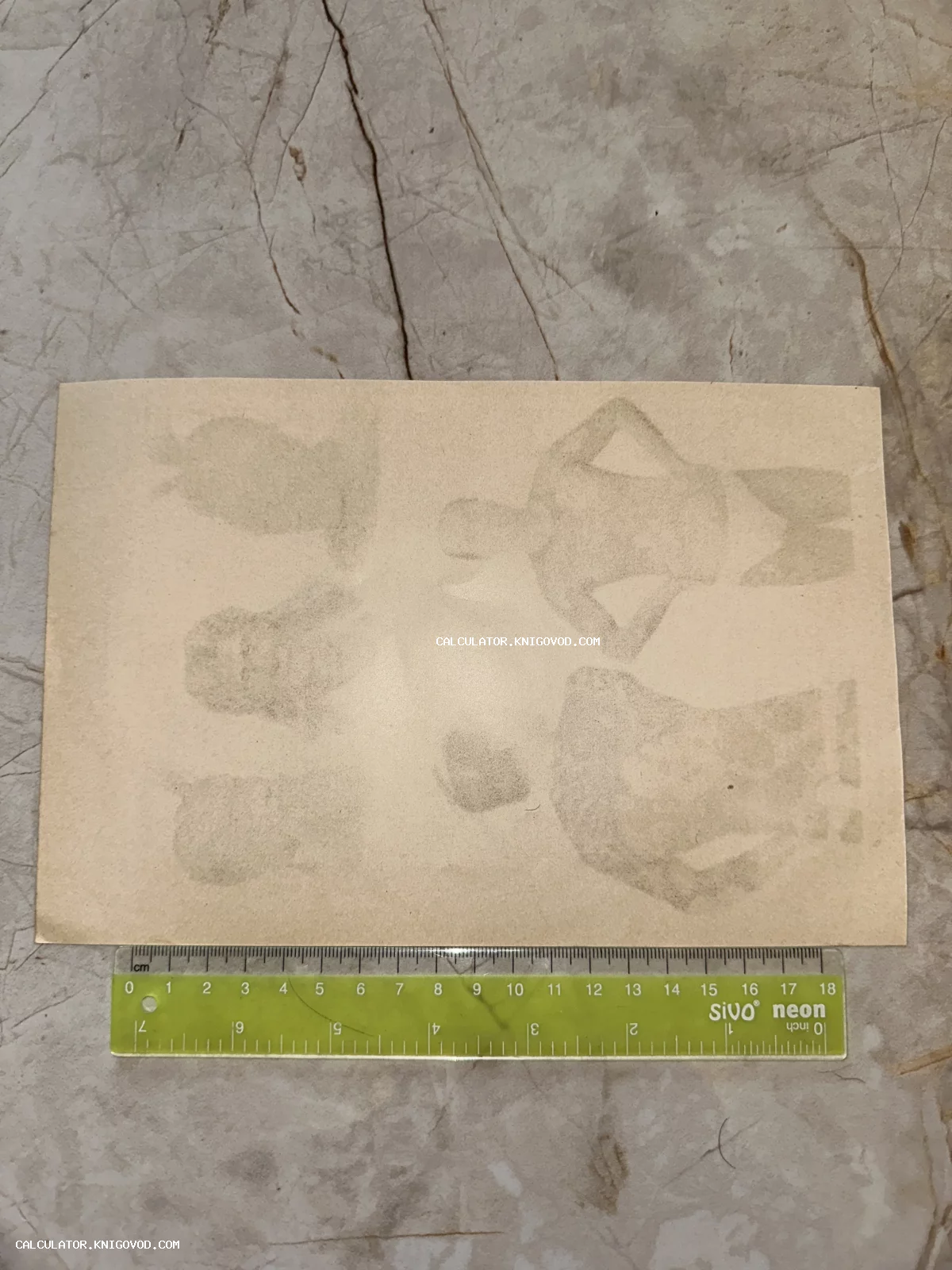 Оборотная сторона старинного пожелтевшего бумажного снимка с проступающими силуэтами мужских фигур и измерительной линейкой.