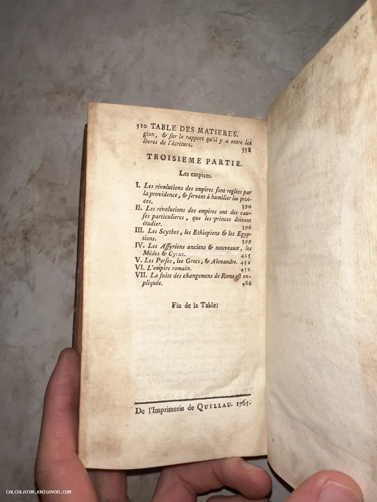 Страница оглавления антикварной книги на французском языке с указанием даты издания 1765 год и типографии Quillau.