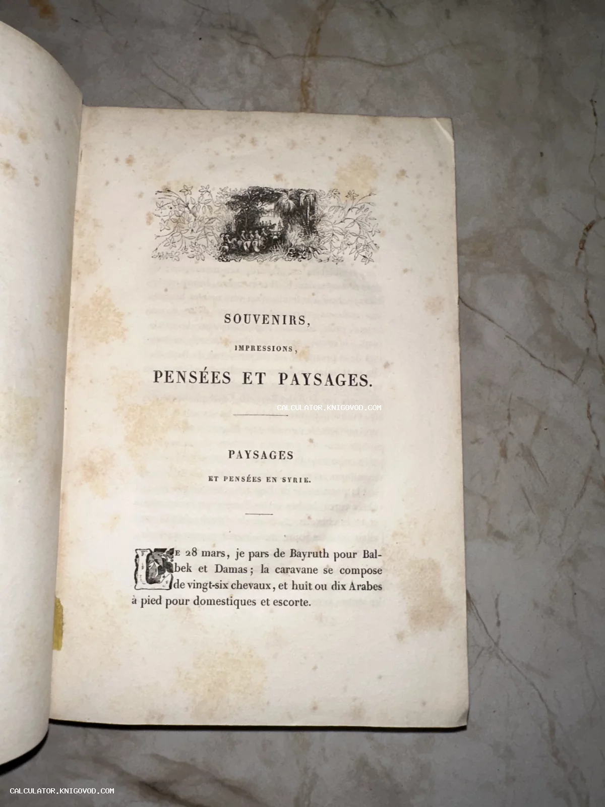 Старинная книжная страница на французском языке с заголовком Souvenirs, Impressions, Pensées et Paysages, украшенная миниатюрной гравюрой и декоративной буквицей.