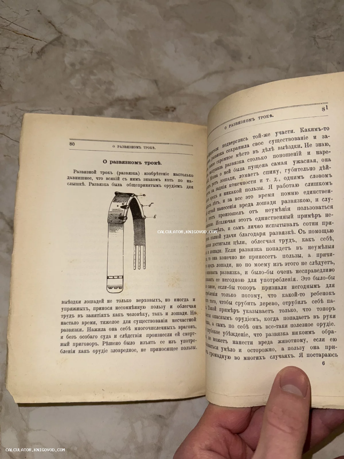Разворот старинной книги с дореволюционным текстом на русском языке и иллюстрацией элемента конской сбруи — развязного трока.