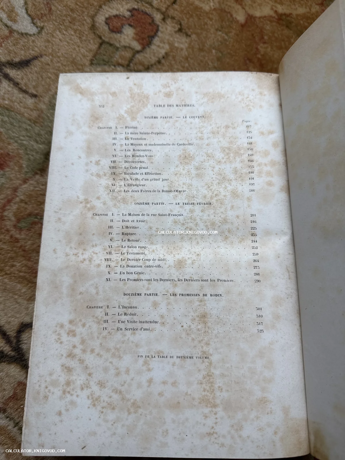 Разворот старой книги с оглавлением на французском языке, покрытый патиной времени и характерными пятнами.