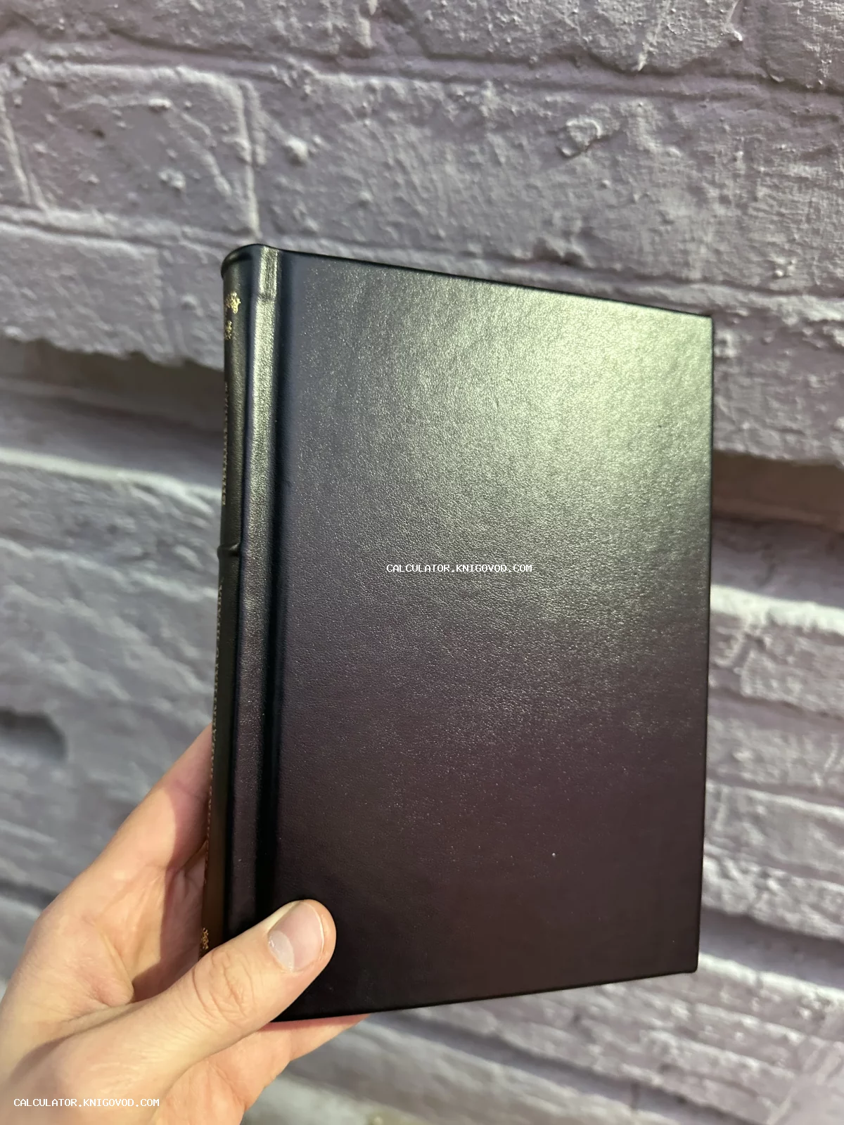 Книга в черном кожаном переплете с золотым тиснением на корешке в руке на фоне кирпичной стены