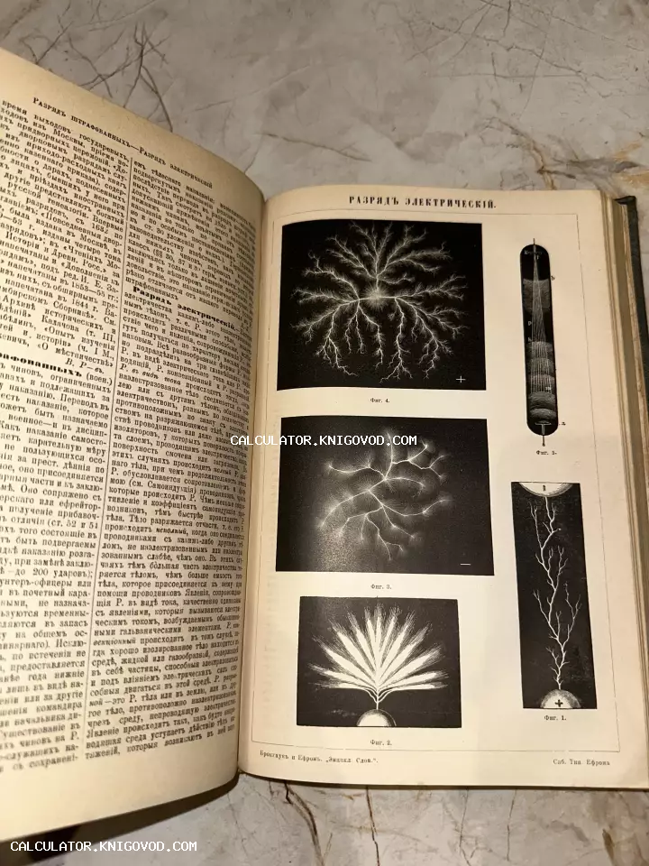 Разворот старинной книги с текстом на дореволюционном русском языке и гравюрами с изображением различных видов электрических разрядов.