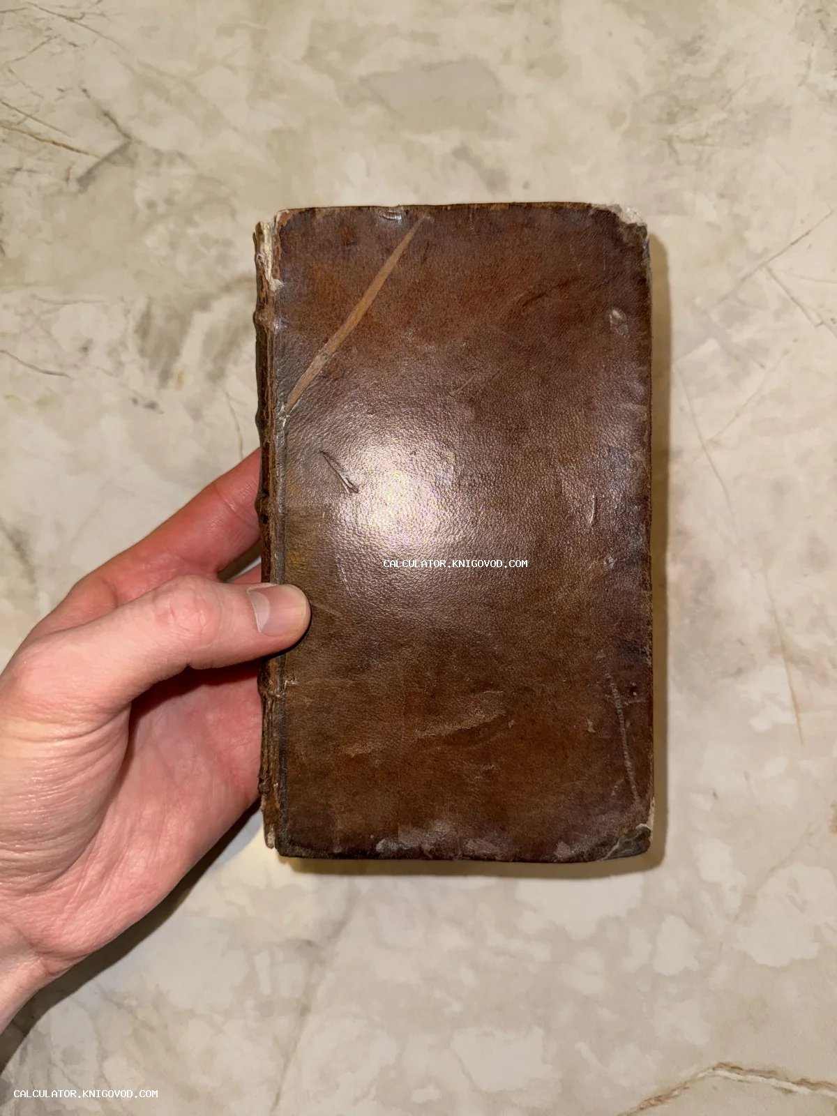 Антикварная книга в потрёпанном коричневом кожаном переплете в руке человека на светлом фоне.