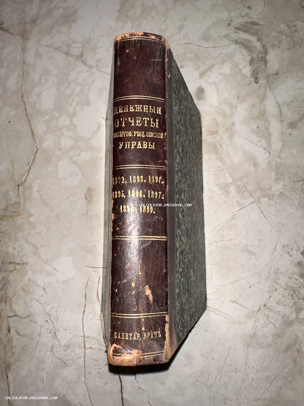 Корешок антикварной книги в полукожаном переплете с золотым тиснением: Денежные отчеты Петергофской уездной земской управы за 1892-1899 годы.