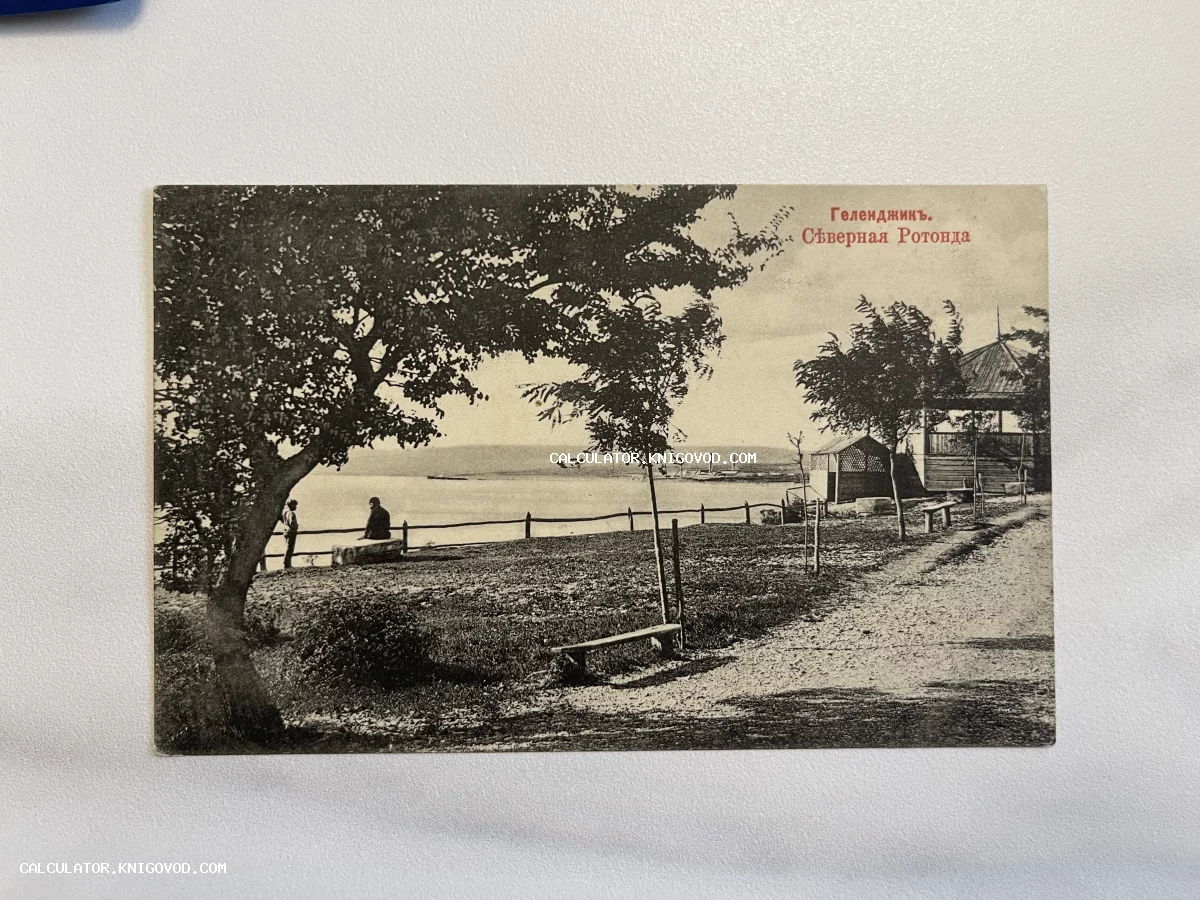 Черно-белая дореволюционная открытка с видом на Северную ротонду в Геленджике, морской берег и деревья.