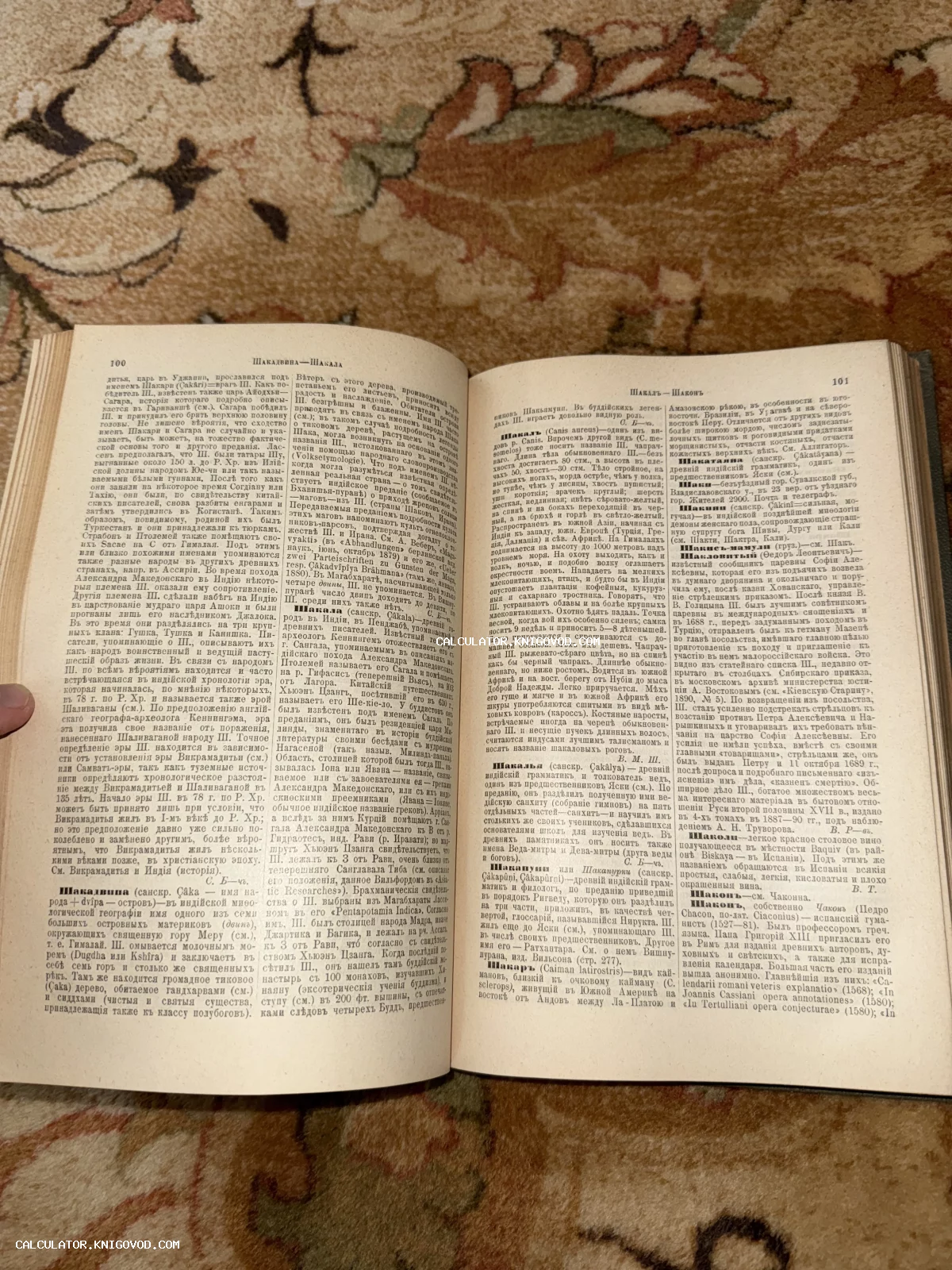 Две открытые страницы старинной книги с текстом на дореволюционном русском языке, статьи о Шакале и Шакадвипе.