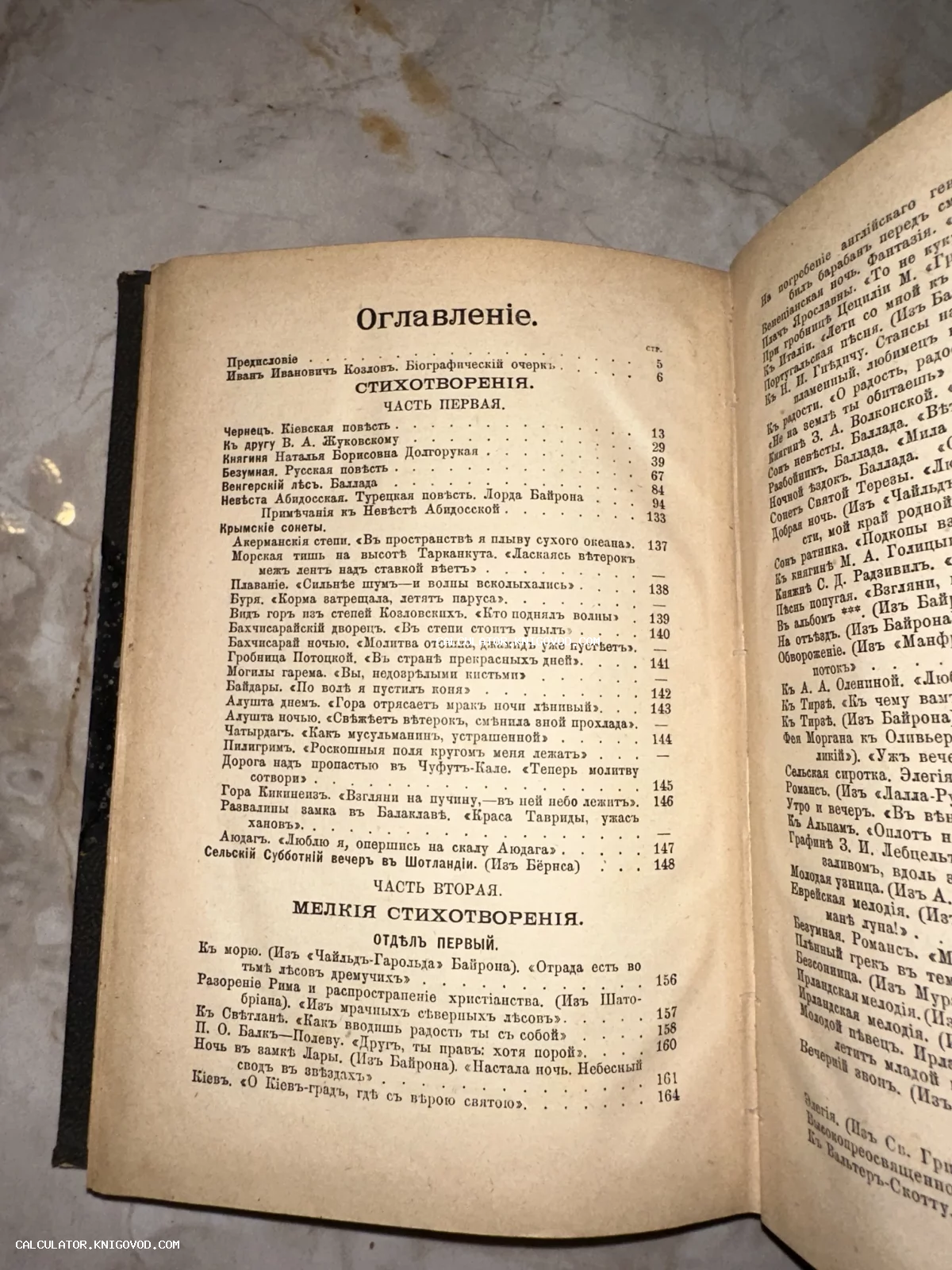 Разворот антикварной книги с оглавлением, напечатанным дореволюционным шрифтом на пожелтевшей бумаге.
