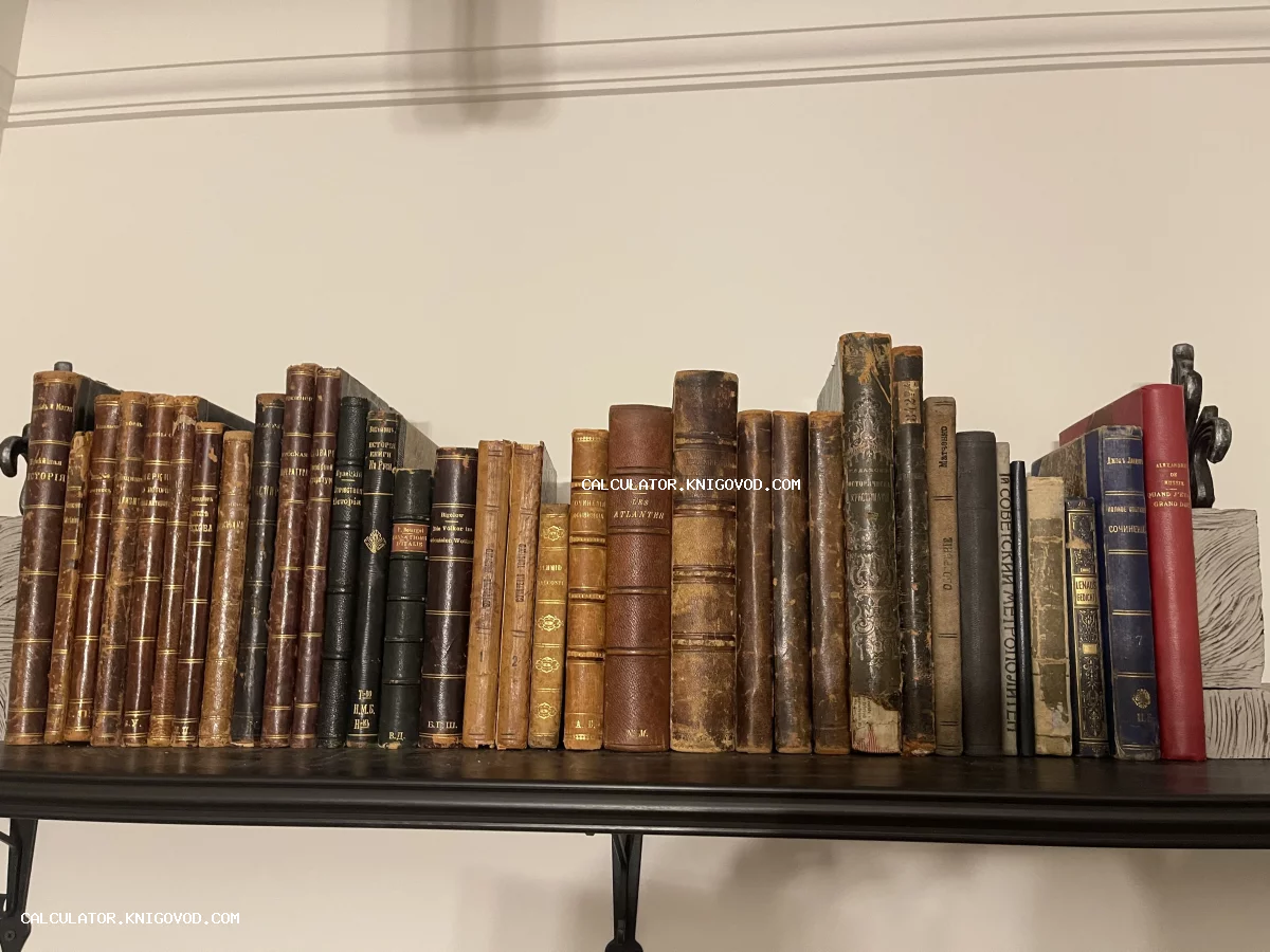 Ряд старинных книг с тиснеными корешками разных цветов и размеров на полке.