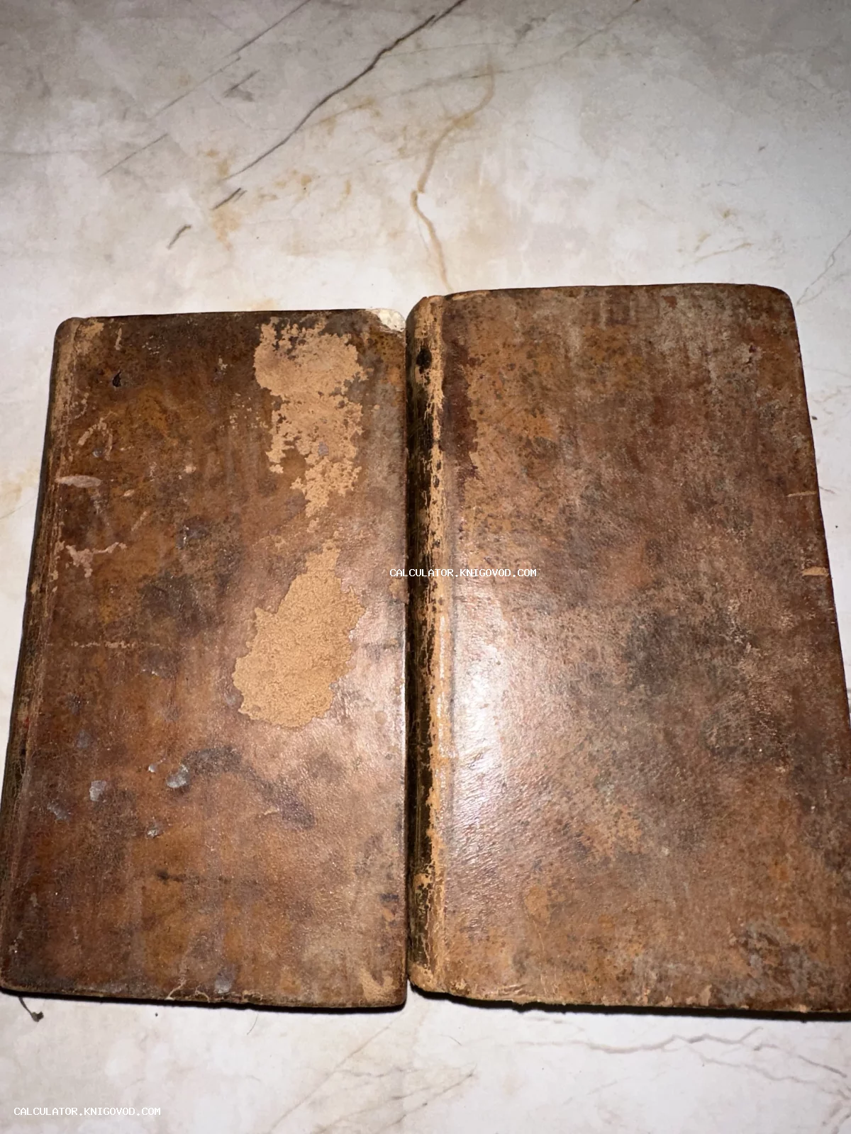 Две старинные книги с сильно изношенными коричневыми кожаными обложками и следами времени на светлой поверхности.