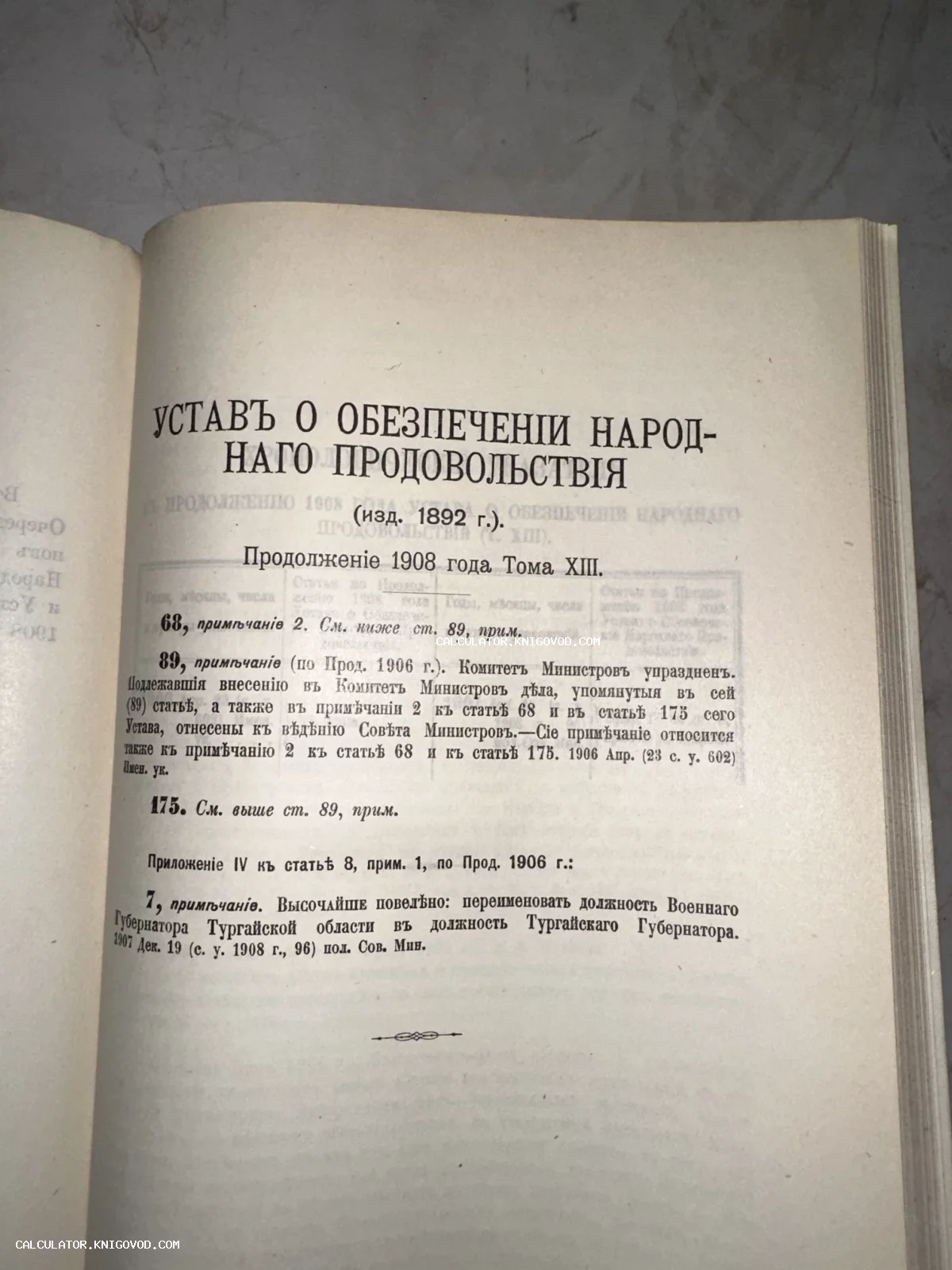 Разворот антикварной книги с заголовком «Устав о обеспечении народного продовольствия» на дореволюционном русском языке.