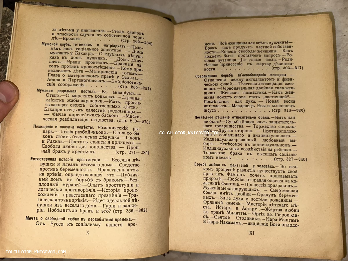 Разворот старинной книги с оглавлением на дореволюционном русском языке, пожелтевшие страницы с текстом о социальных вопросах, истории брака и правах женщин.