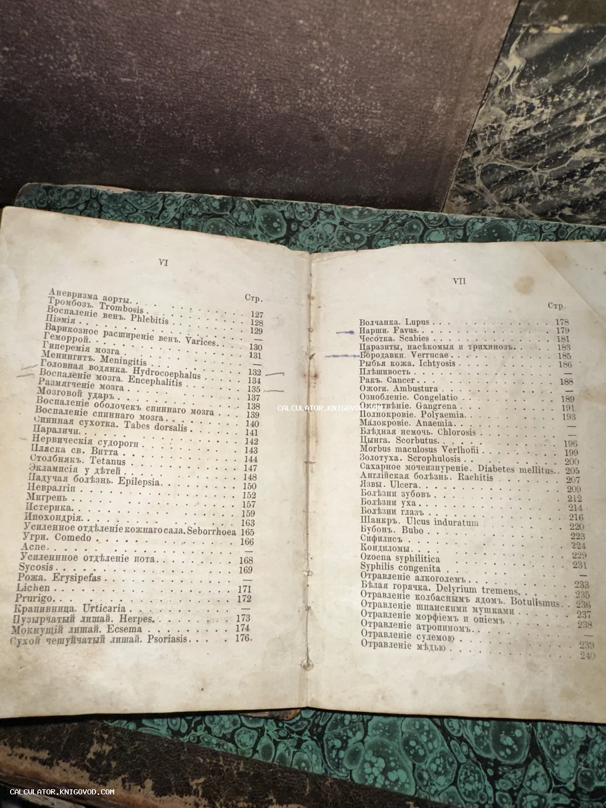 Разворот старинной книги с перечнем медицинских диагнозов на русском и латинском языках, пожелтевшие страницы с патиной.