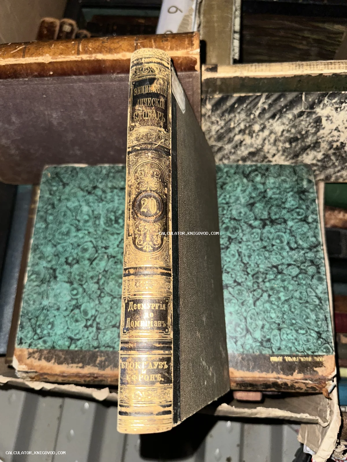 Корешок антикварной книги «Энциклопедический словарь» Брокгауза и Ефрона с золотым тиснением на полке.