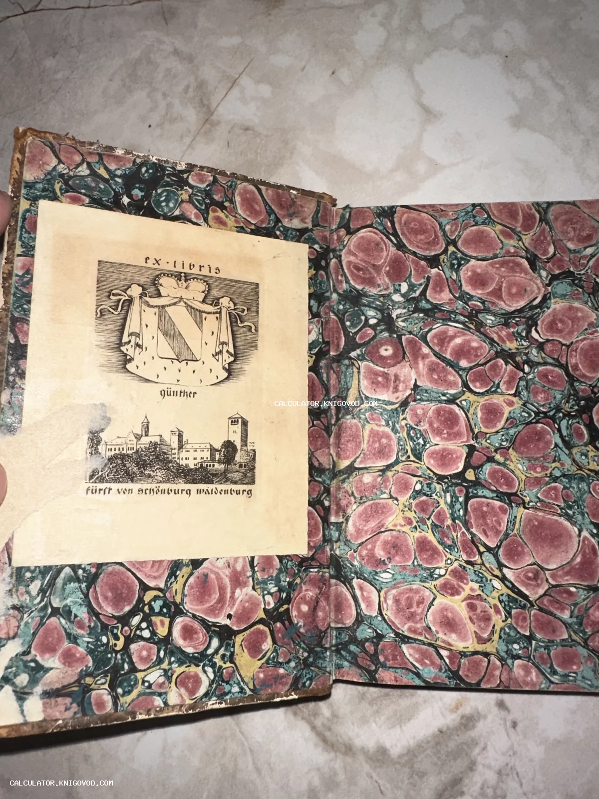 Разворот старинной книги с мраморной бумагой и наклеенным экслибрисом князя Гюнтера фон Шёнбург-Вальденбурга с гербом и видом замка.