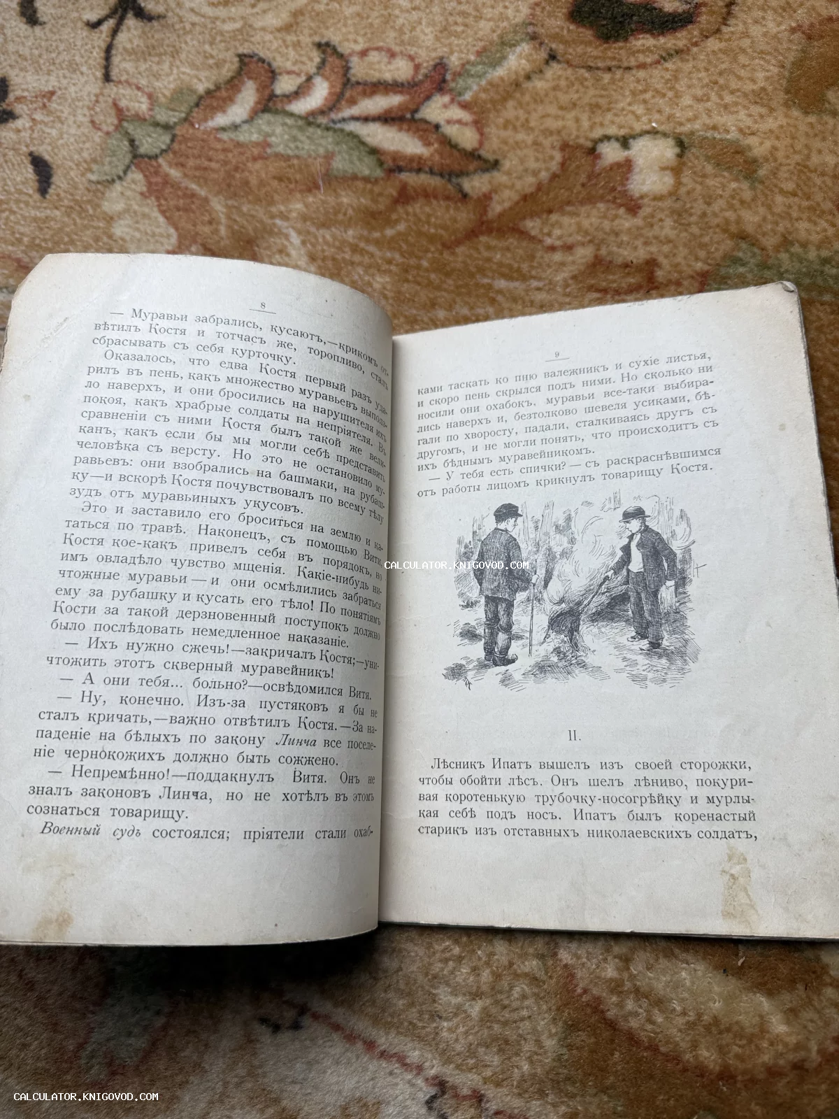 Разворот старинной книги с текстом в дореволюционной орфографии и черно-белой иллюстрацией двух мальчиков в лесу.
