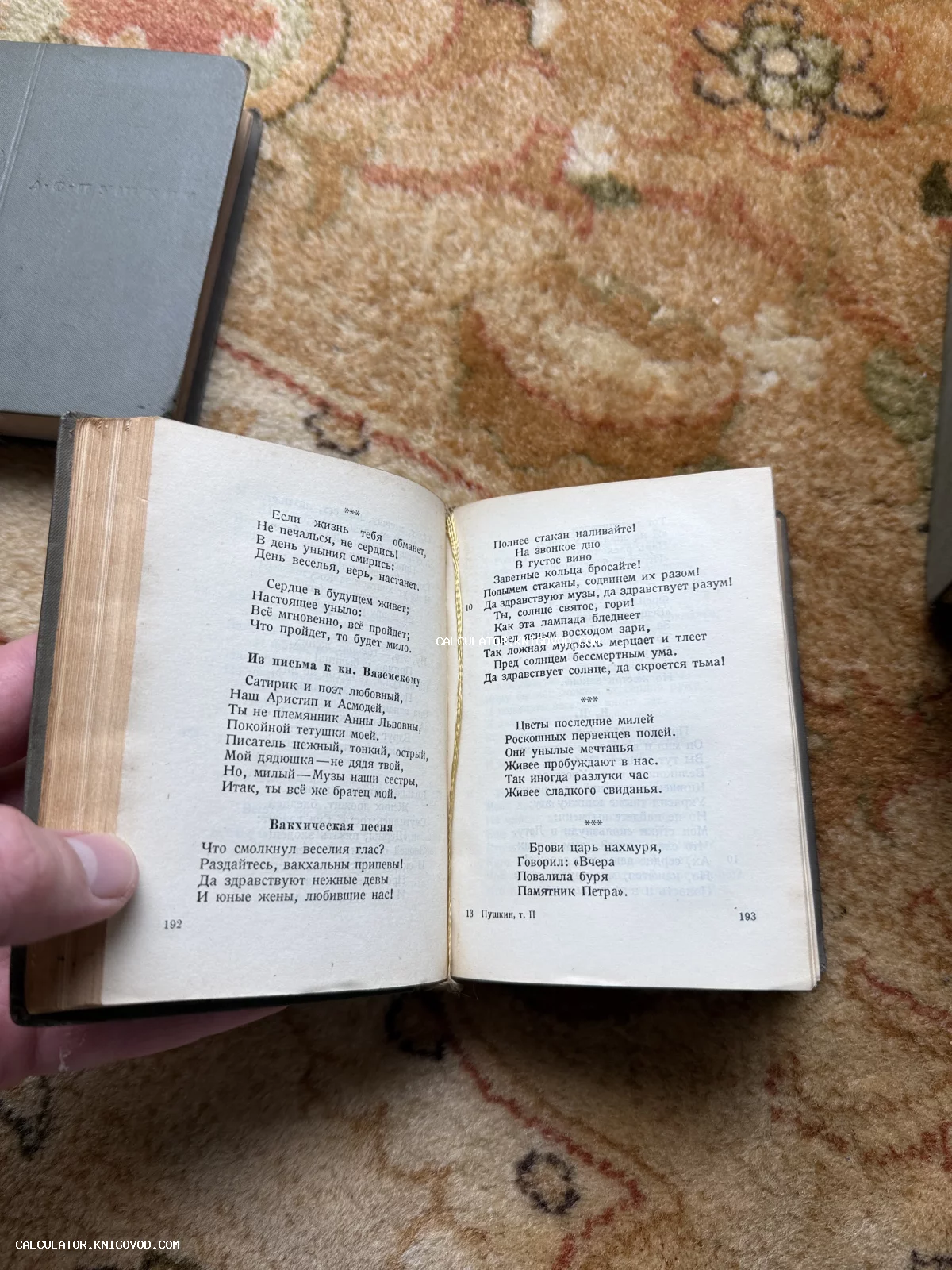 Разворот старинной книги со стихотворениями Александра Пушкина на пожелтевшей бумаге.