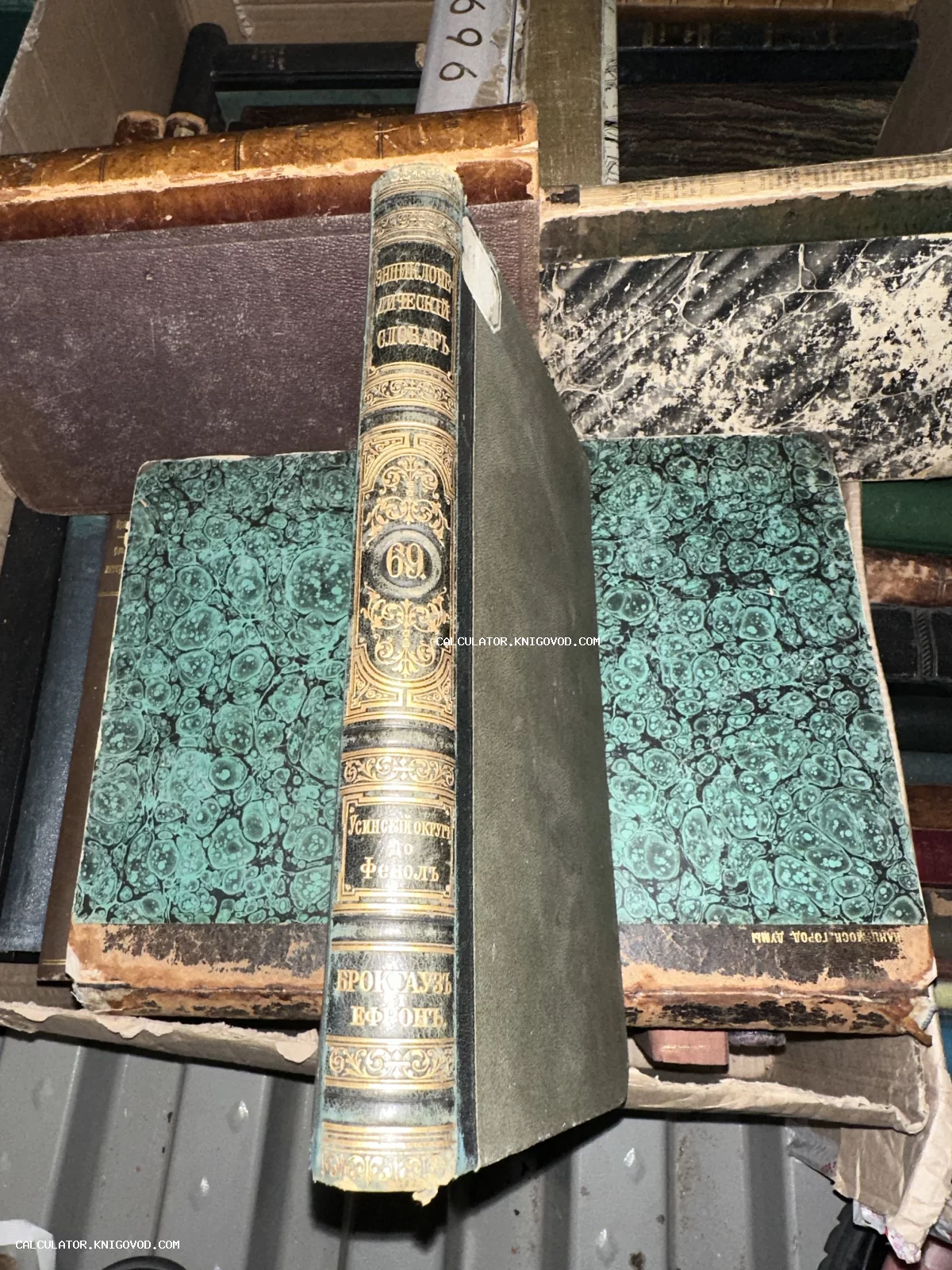 Старинный том энциклопедического словаря Брокгауза и Ефрона с золотым тиснением на корешке и зеленым мраморным переплетом.