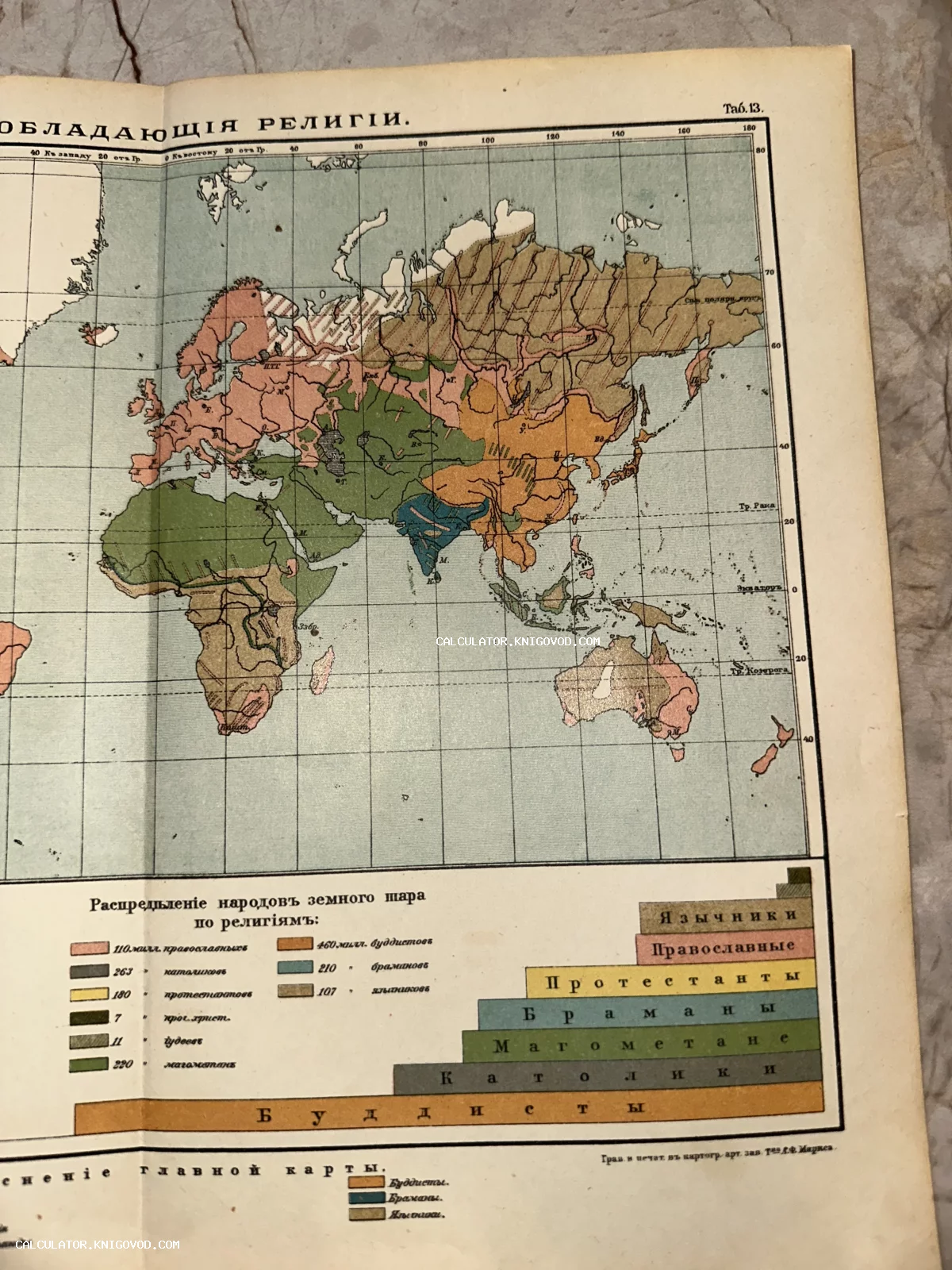 Старинная литографированная карта мира начала XX века с цветовым обозначением конфессий и статистической легендой на русском языке.