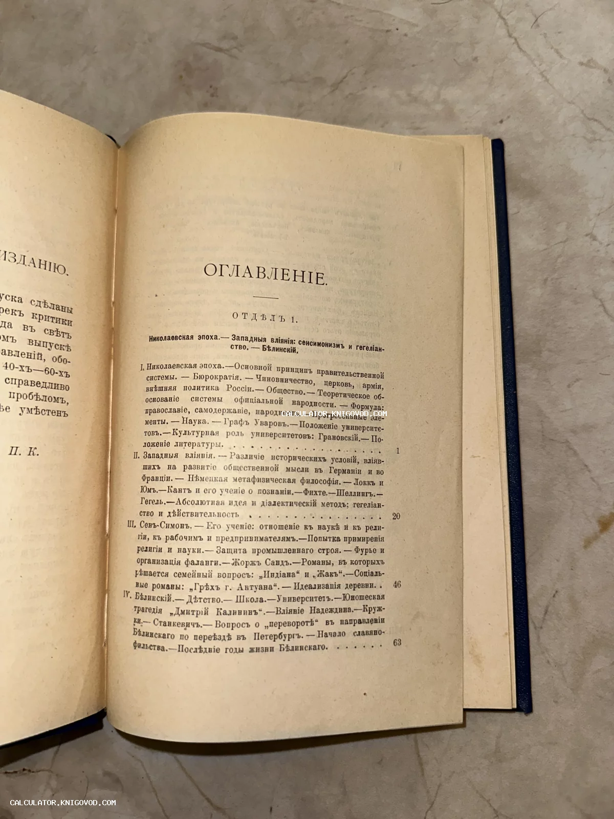 Разворот старой книги с оглавлением первого раздела, напечатанным дореволюционным шрифтом на пожелтевшей бумаге.