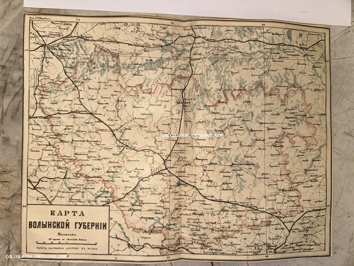 Старинная топографическая карта Волынской губернии Российской империи с указанием городов, рек, железных дорог и рельефа местности.
