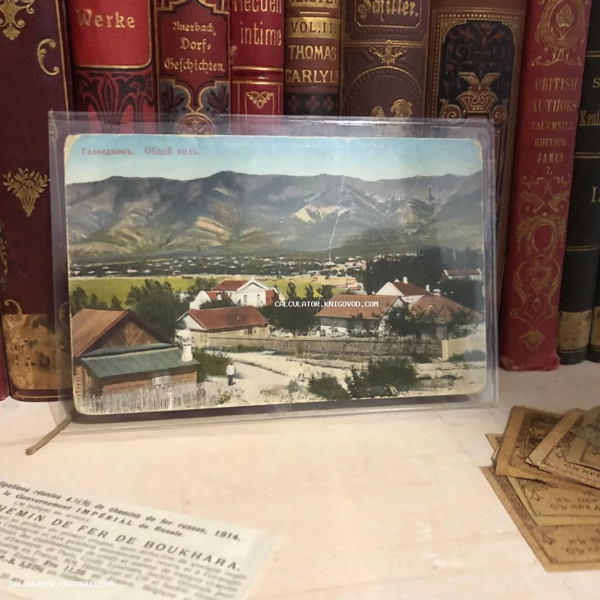 Дореволюционная почтовая открытка с панорамным видом на Геленджик и горы, стоящая на фоне антикварных книг.