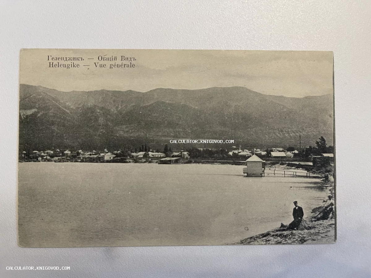 Черно-белая старинная открытка с видом на Геленджикскую бухту, горы и побережье с сидящим человеком.