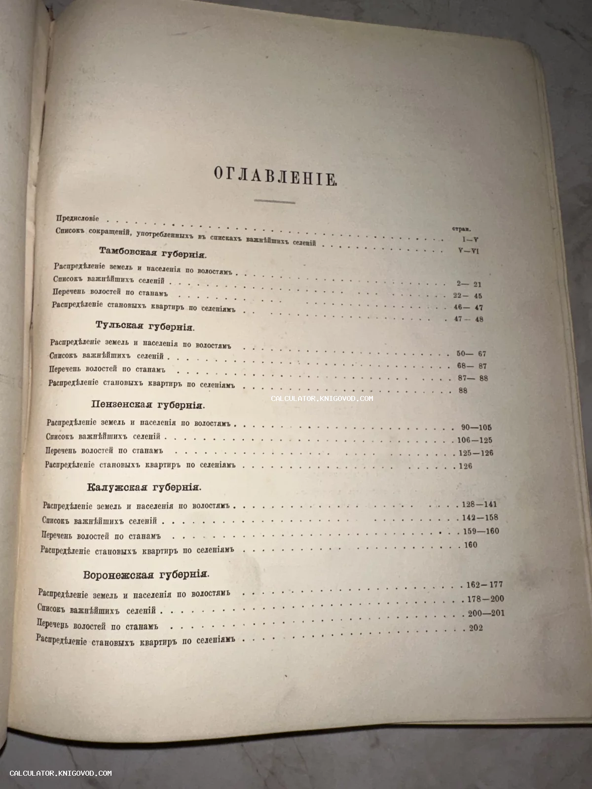 Страница оглавления антикварной книги со списком Тамбовской, Тульской, Пензенской, Калужской и Воронежской губерний.