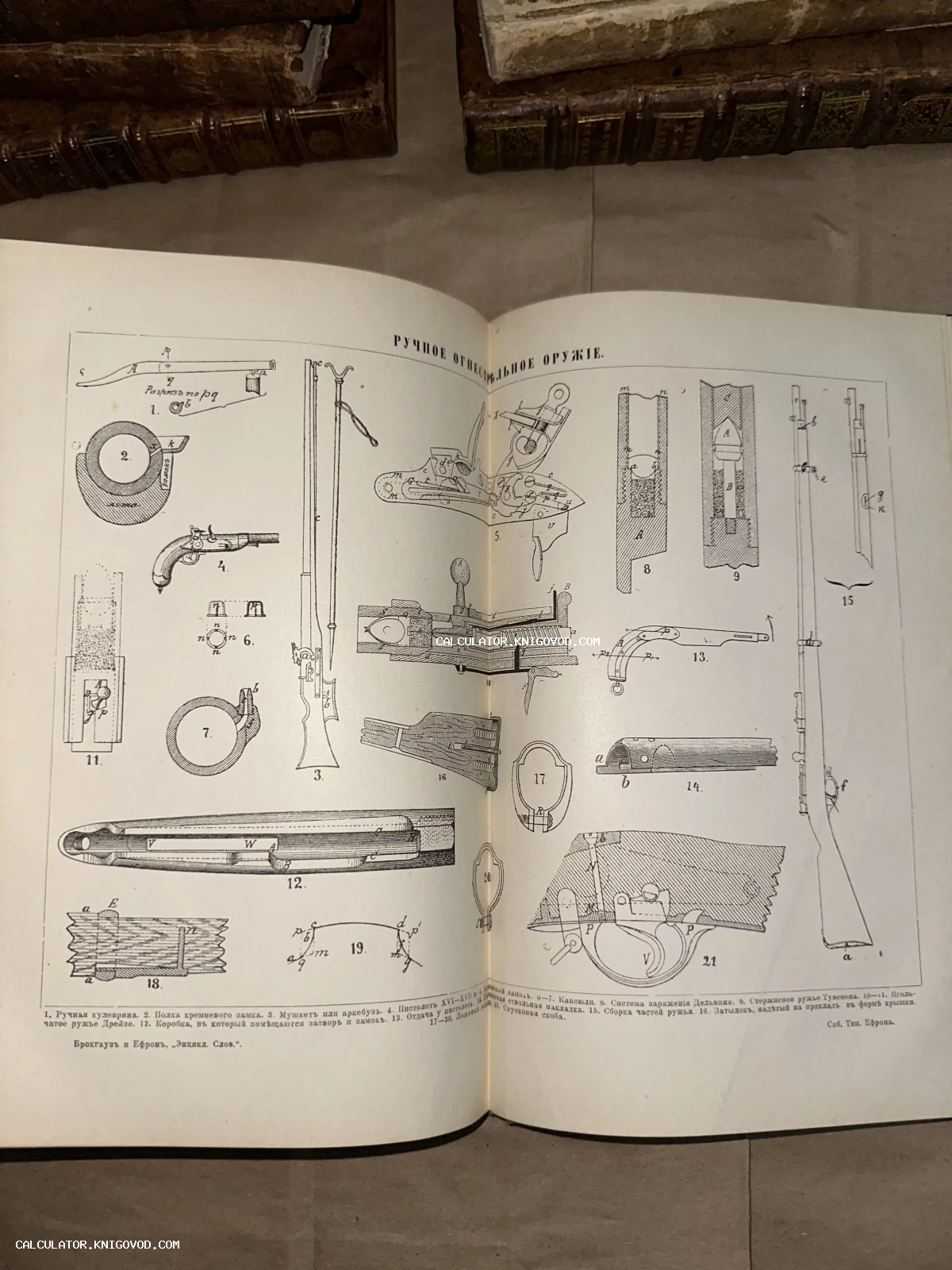 Разворот антикварной книги с чертежами и схемами механизмов старинного огнестрельного оружия: пистолеты, мушкеты, замки.