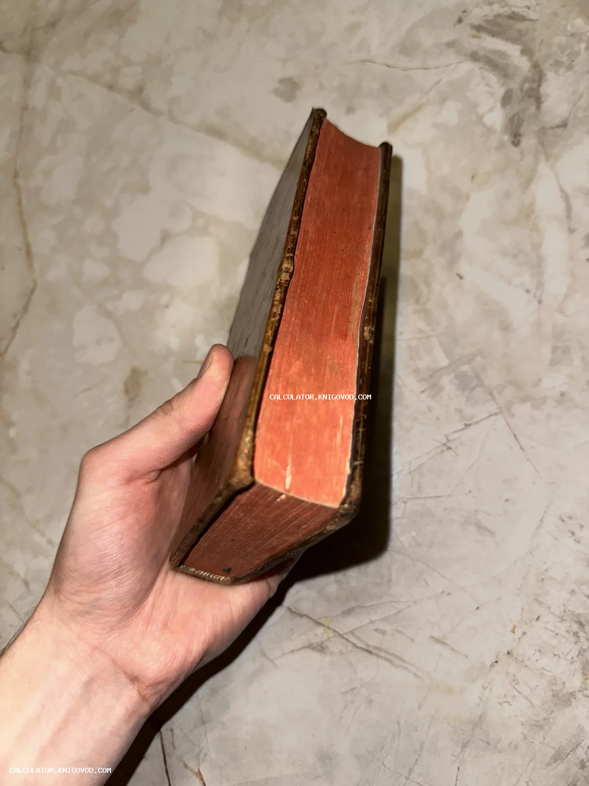 Мужская рука держит антикварную книгу в кожаном переплете с характерным красным окрасом торцов страниц на фоне мрамора.