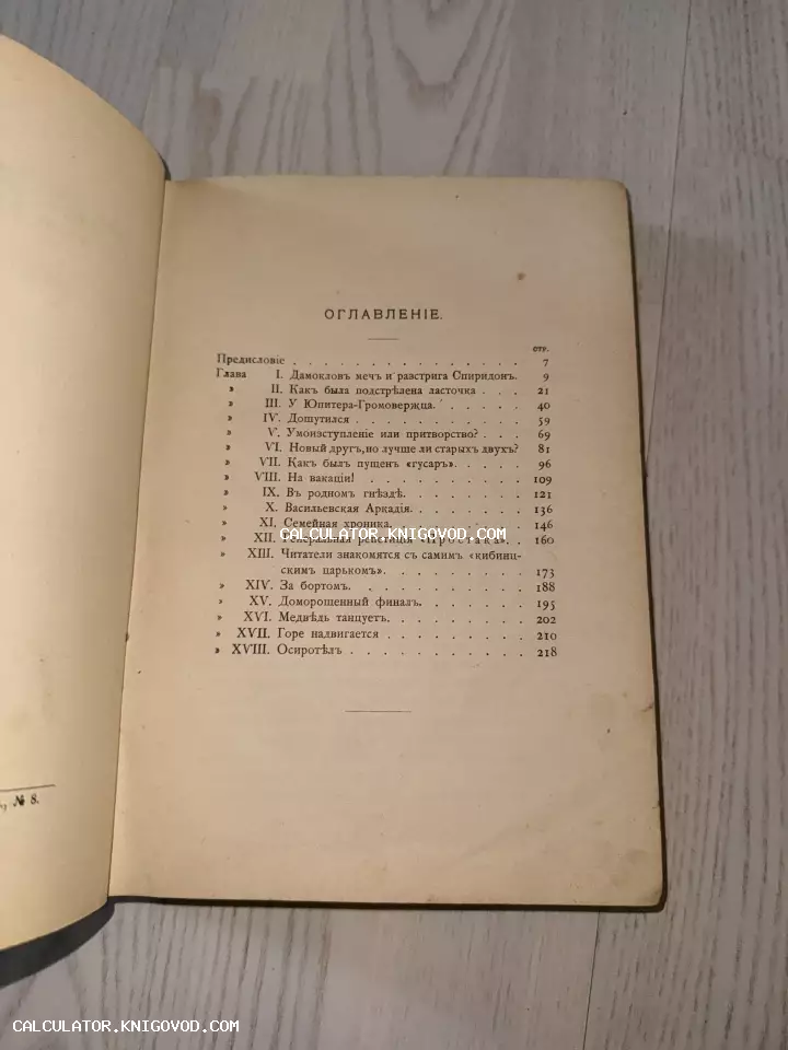 Фотография страницы с оглавлением антикварной книги, напечатанной в дореволюционной орфографии с твердыми знаками.